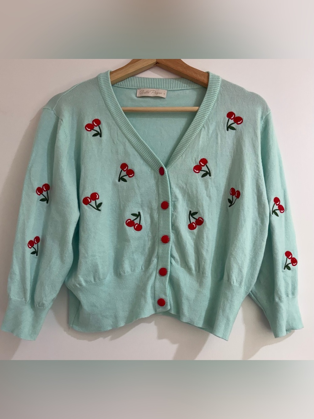 Belle Poque Mint Green Cherry Embroidered Cropped Cardigan Sweater XL